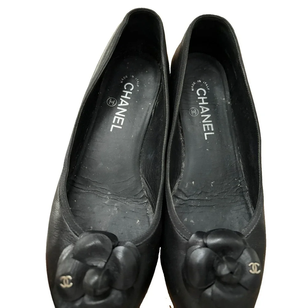 Chanel G30752 Camellia Black Leather Grosgrain Trim Flat Shoes 38